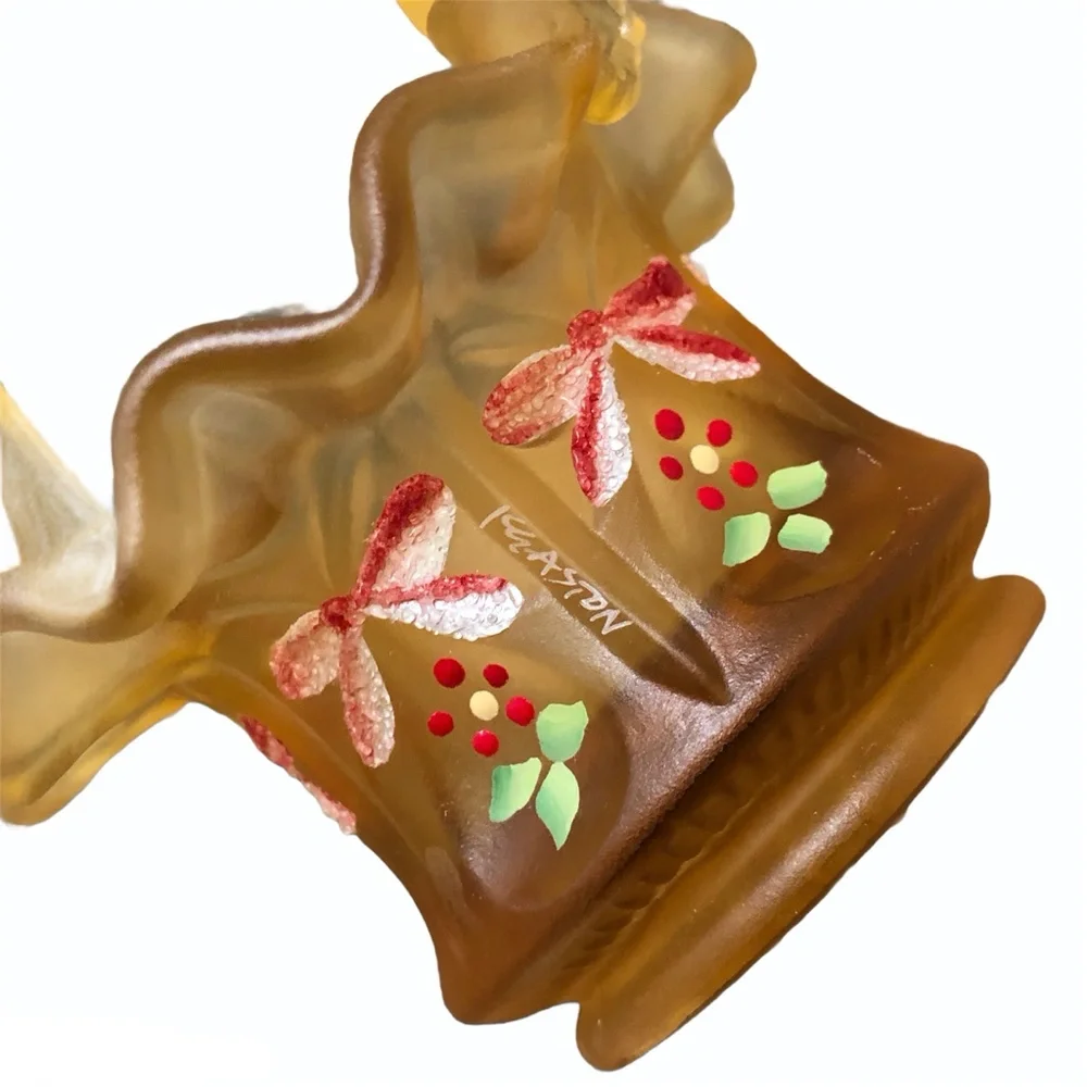 FENTON AMBER GLASS CHRISTMAS BOWS & HOLLY MINI BASKET 2